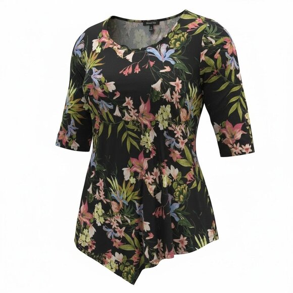 Relativity Tops - NEW Relativity Womens 3X Black Floral Asymmetric Hem Tunic Top Realx Stretch